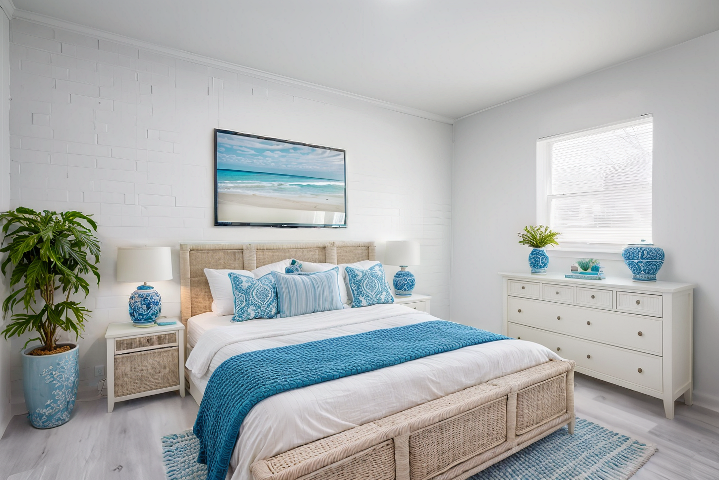 A bedroom with a bed , dresser , nightstands , and a painting on the wall.