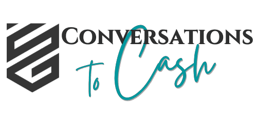 A logo for conversations to cash with a shield and the words `` conversations to cash ''.