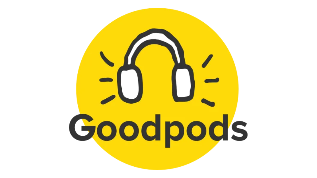The logo for goodpods shows a pair of headphones in a yellow circle.