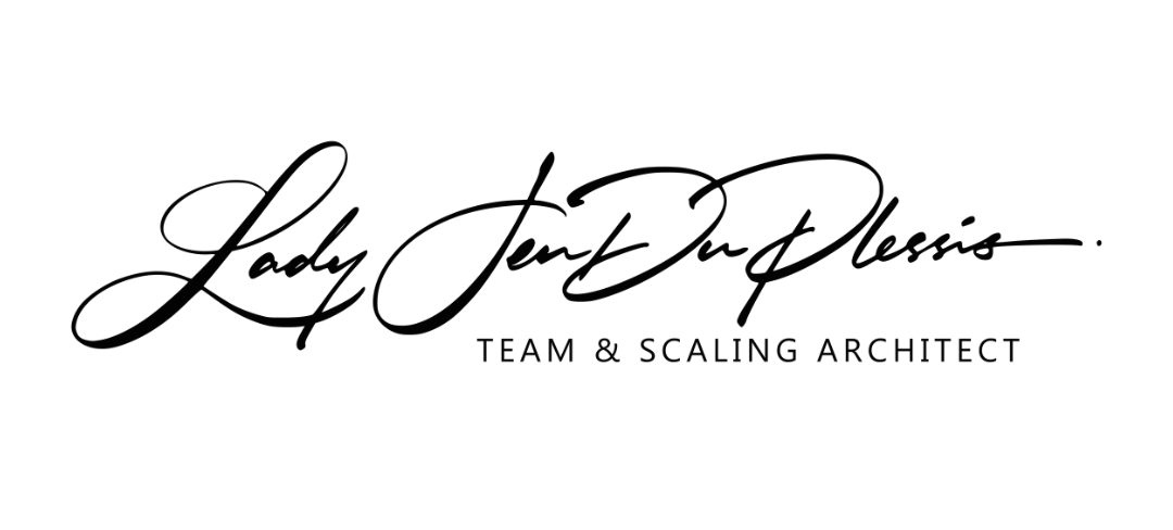 A black and white logo for Lady Jen Du Plessis, team and scaling architect.