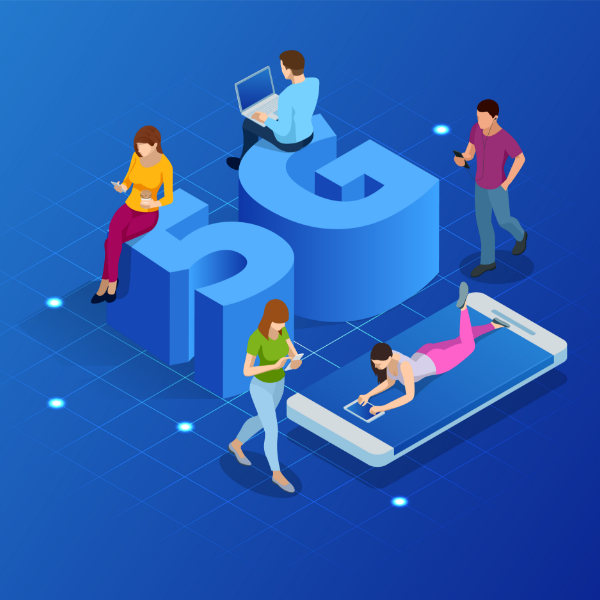 People using devices around a 3D 
