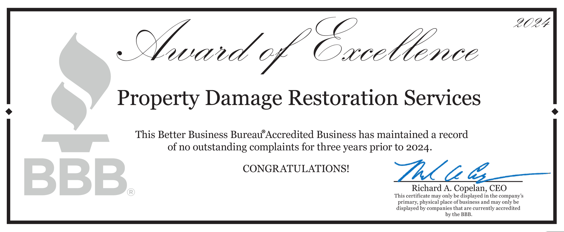 An award of excellence certificate for property damage restoration services