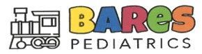 Logo for Bares Pediatrics, featuring a train illustration and colorful text.