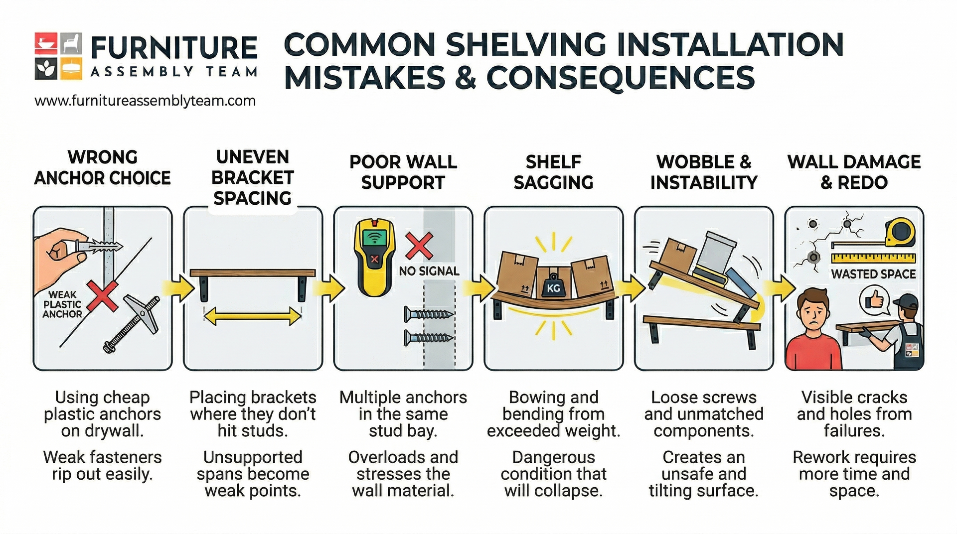 Infographic listing six common shelving installation mistakes, their consequences, and corresponding icons.
