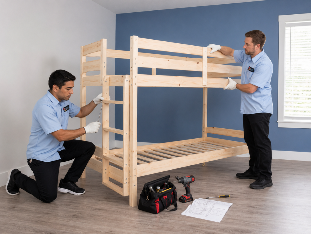 Two men assembling a wooden bunk bed in a room with blue walls and tools on the floor