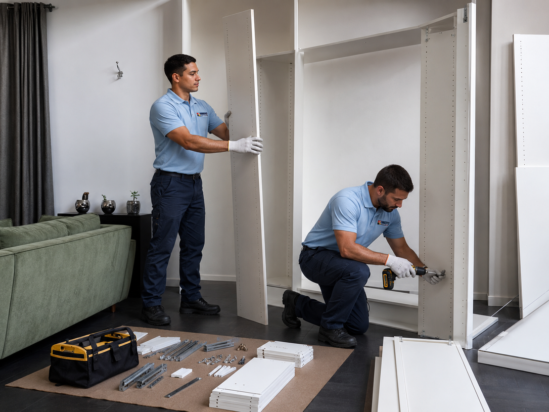 Two workers assembling white wardrobe cabinets in a living room, with tools on the floor.