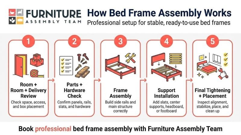 Furniture assembly infographic showing 5 steps to build a bed frame, with diagrams and instructions.