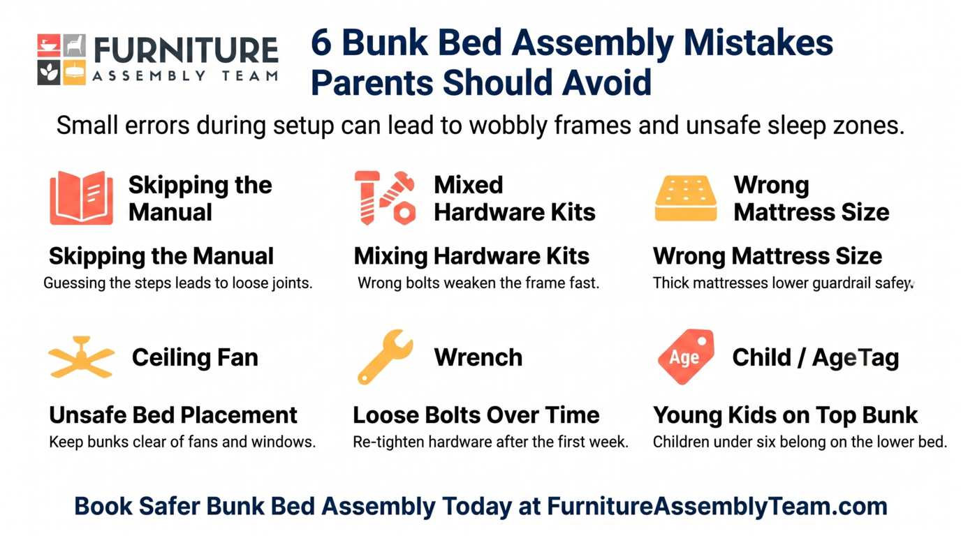 Infographic on 6 bunk bed assembly mistakes and tips, with icons and a Furniture Assembly Team logo.