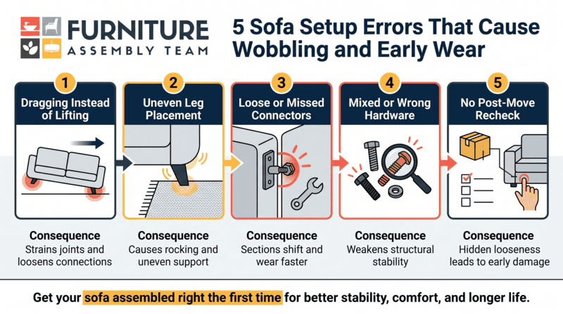 Infographic on 5 sofa setup errors causing wobbling and early wear, with colorful icons and brief labels.
