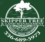 Logo for Skipper Tree & Land Management. White tree graphic, green background, phone number.