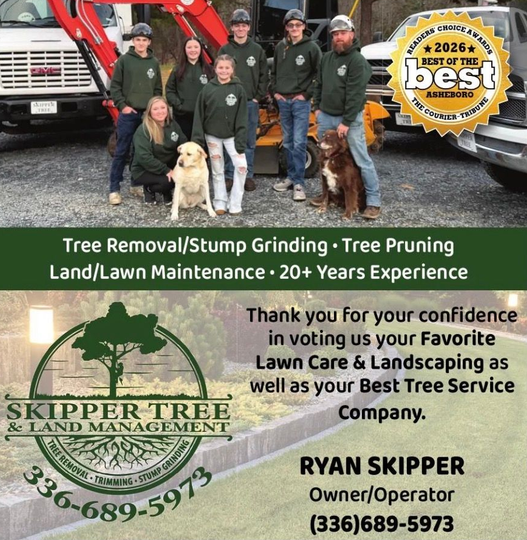 Two tree service trucks next to a tree with a raised boom. Grey sky and trees in the background.