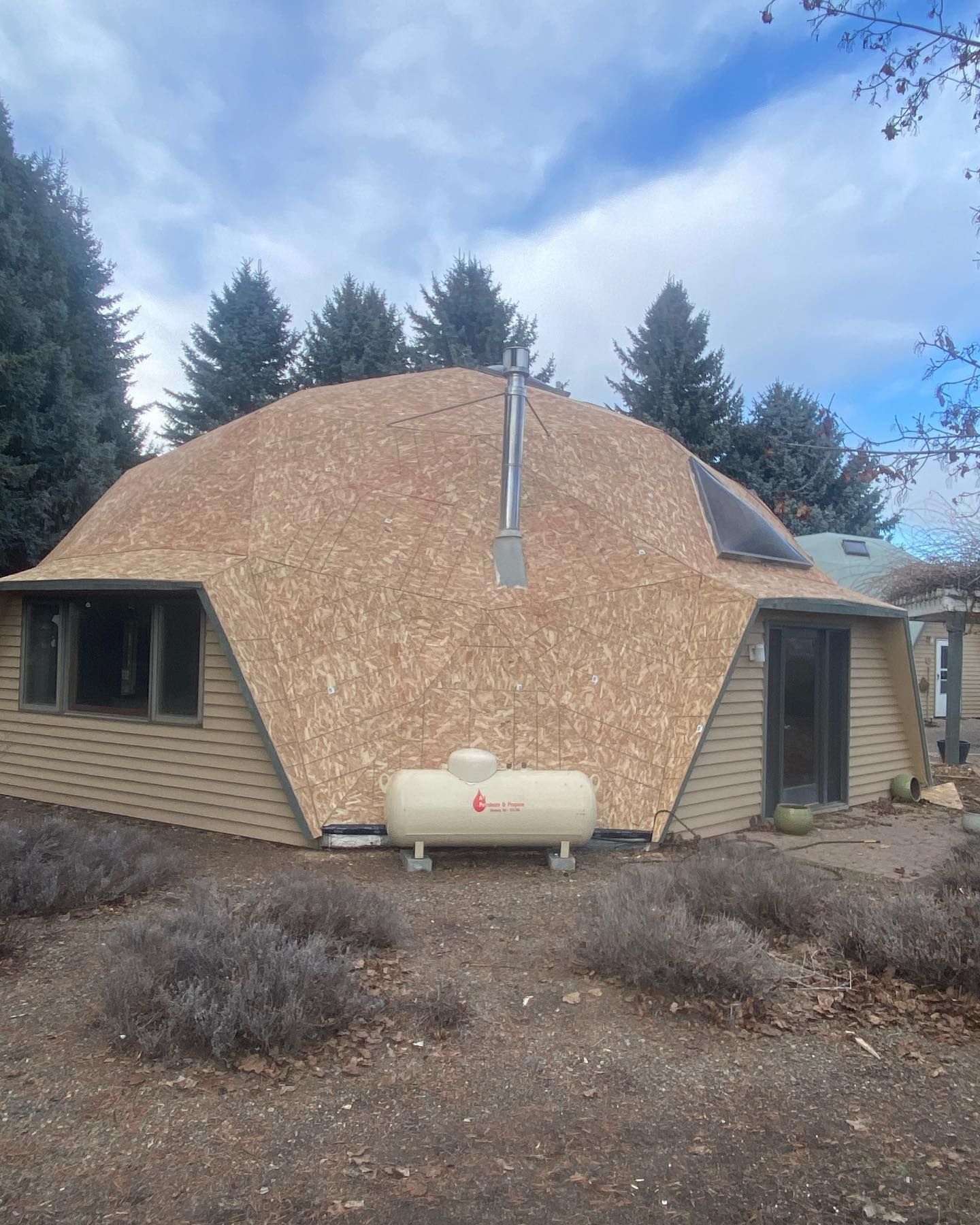 Dome-shaped house with a light-colored roof, propane tank in front, and surrounding yard with brown plants.
