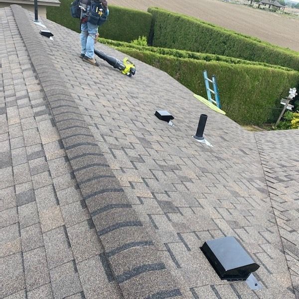 Roofer using a leaf blower on an asphalt shingle roof. Green hedge and a ladder are in the background.