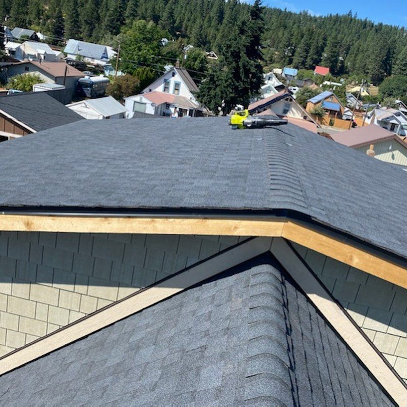 Dark gray asphalt shingle roof on a house, with wooden trim and a backdrop of other homes and trees.