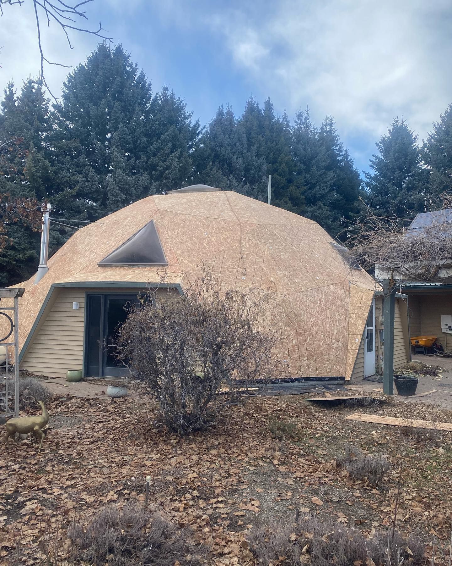 Geodesic dome house with wood shingle roof and a triangle window, set against a backdrop of trees.