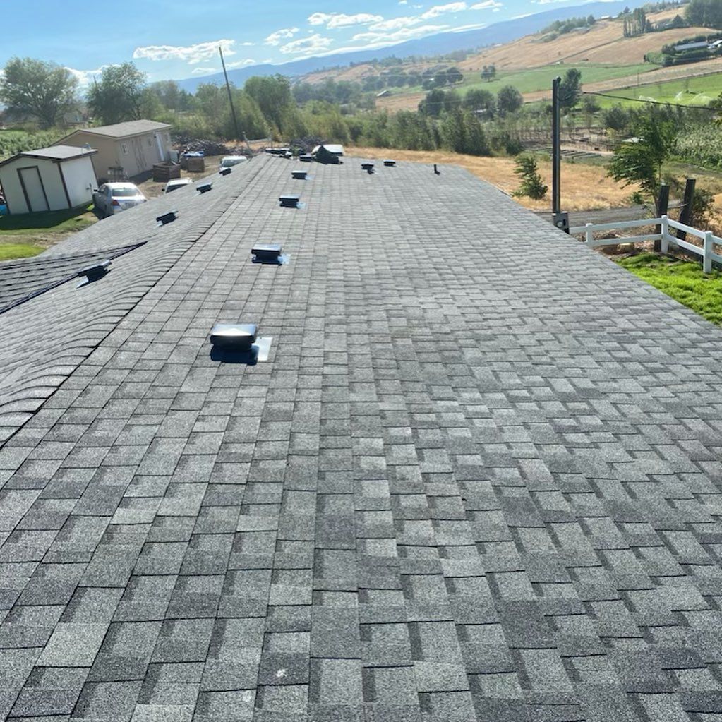 Gray asphalt shingle roof with vents, overlooking a rural landscape with mountains in the distance.