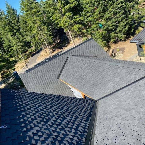 Gray asphalt shingle roof on a house, angled view, surrounded by trees.