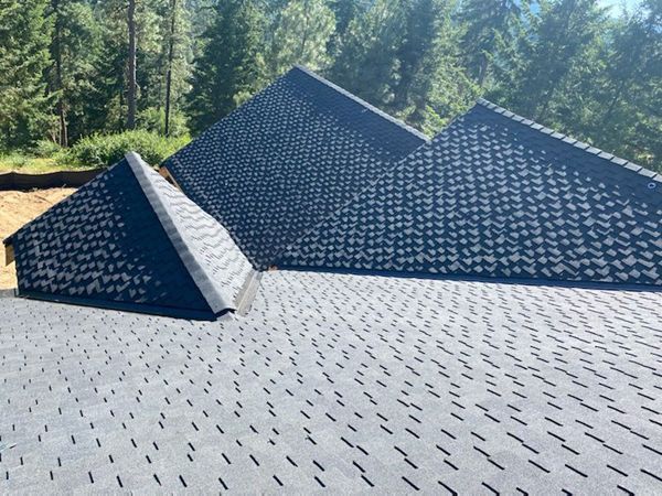 Dark gray asphalt shingle roof on a house, with a forest background.