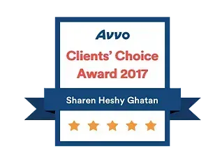 Avvo Clients' Choice Award 2017 badge with name "Sharen Heshy Ghatan" and five star rating.