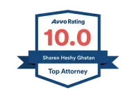 Avvo rating badge for Sharen Heshy Ghatan: 10.0 rating, "Top Attorney" text, blue and white design.