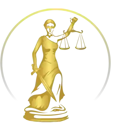 Golden statue of Lady Justice, holding scales and sword, within a light-yellow circle.