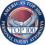 America's Top 100 Personal Injury Attorneys award logo: eagle wings over red and blue circular design.