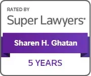 Super Lawyers badge: Sharen H. Ghatan, recognized for 5 years. Purple banner with white text.
