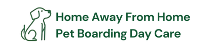 Line-art icon of a dog next to the text "Home Away From Home Pet Boarding Day Care" in dark green.