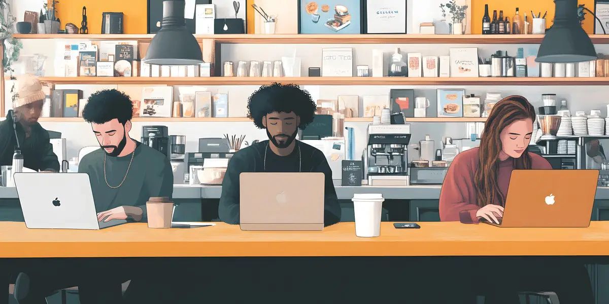 Pessoas usando laptops no balcão de um café. Vários objetos e prateleiras ao fundo.