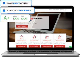 Laptop exibindo um site com indicadores de otimização e segurança, incluindo uma classificação A+.