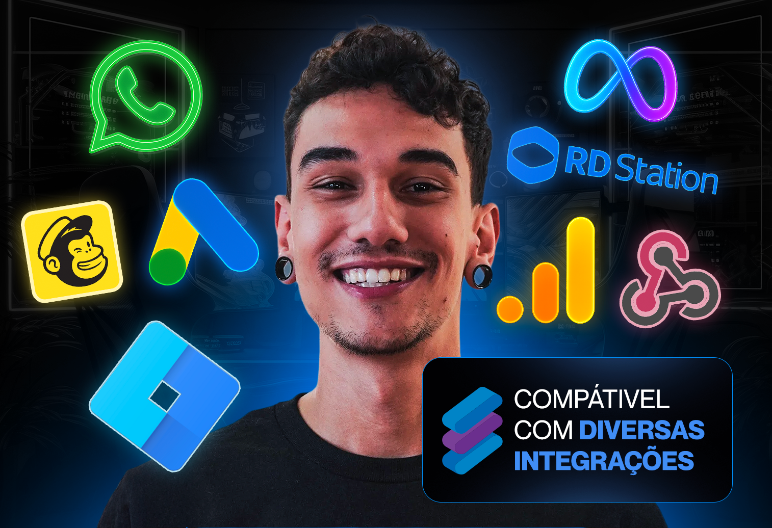 Homem sorridente rodeado por logotipos de aplicativos; texto que diz 