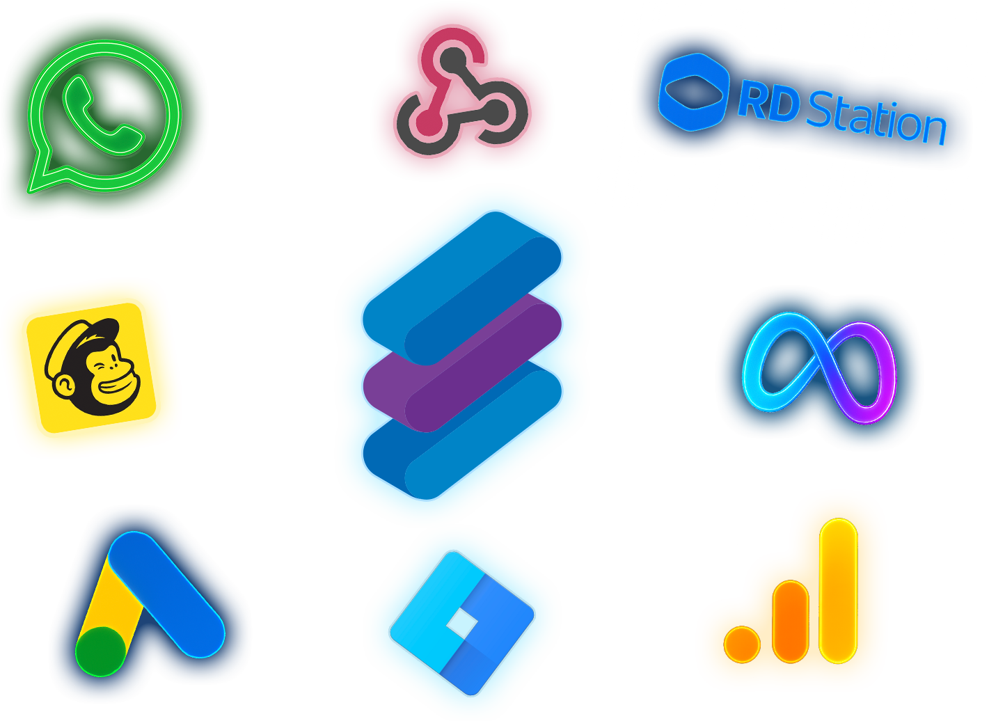 Nove ícones de aplicativos brilhantes, incluindo o WhatsApp, uma pilha de camadas e um símbolo do infinito.