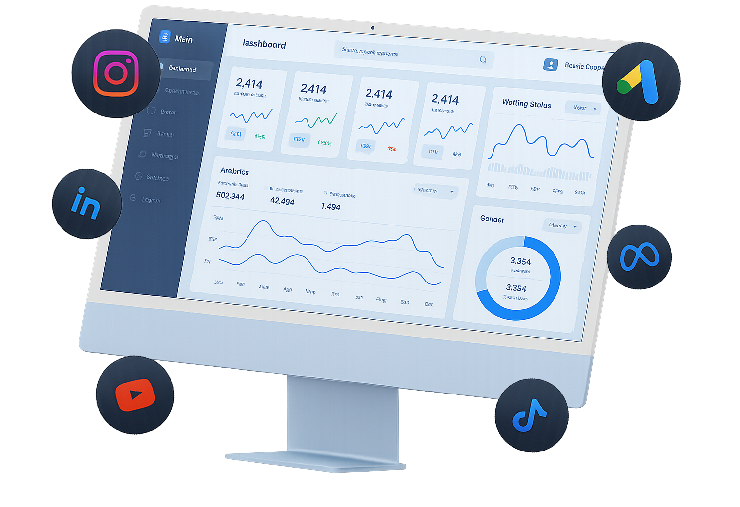 Monitor de computador com painel de análise de marketing e ícones de redes sociais.