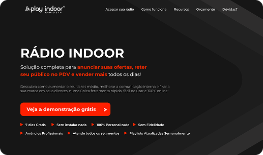 Um site obscuro que promove rádio indoor; botão vermelho para ver demonstração.
