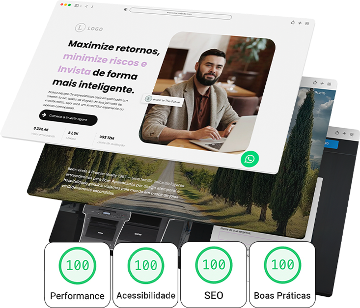 Maquetes de sites exibindo um homem e uma paisagem, com pontuações de desempenho de 100 em quatro categorias.