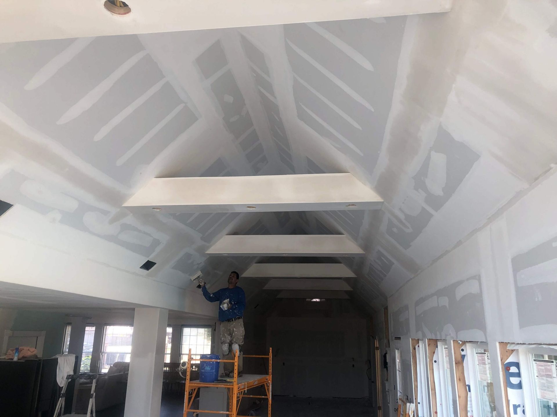 Person painting a newly constructed, vaulted ceiling. Scaffolding visible.