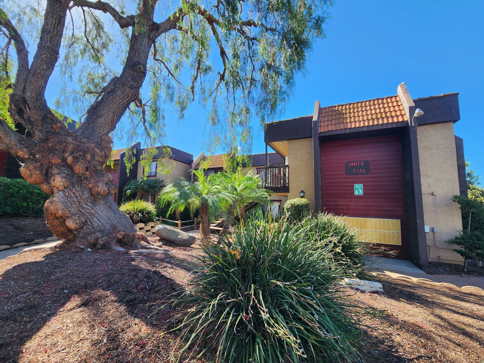 Apartment buildings partially obscured by trees and shrubbery, with a blue sky.