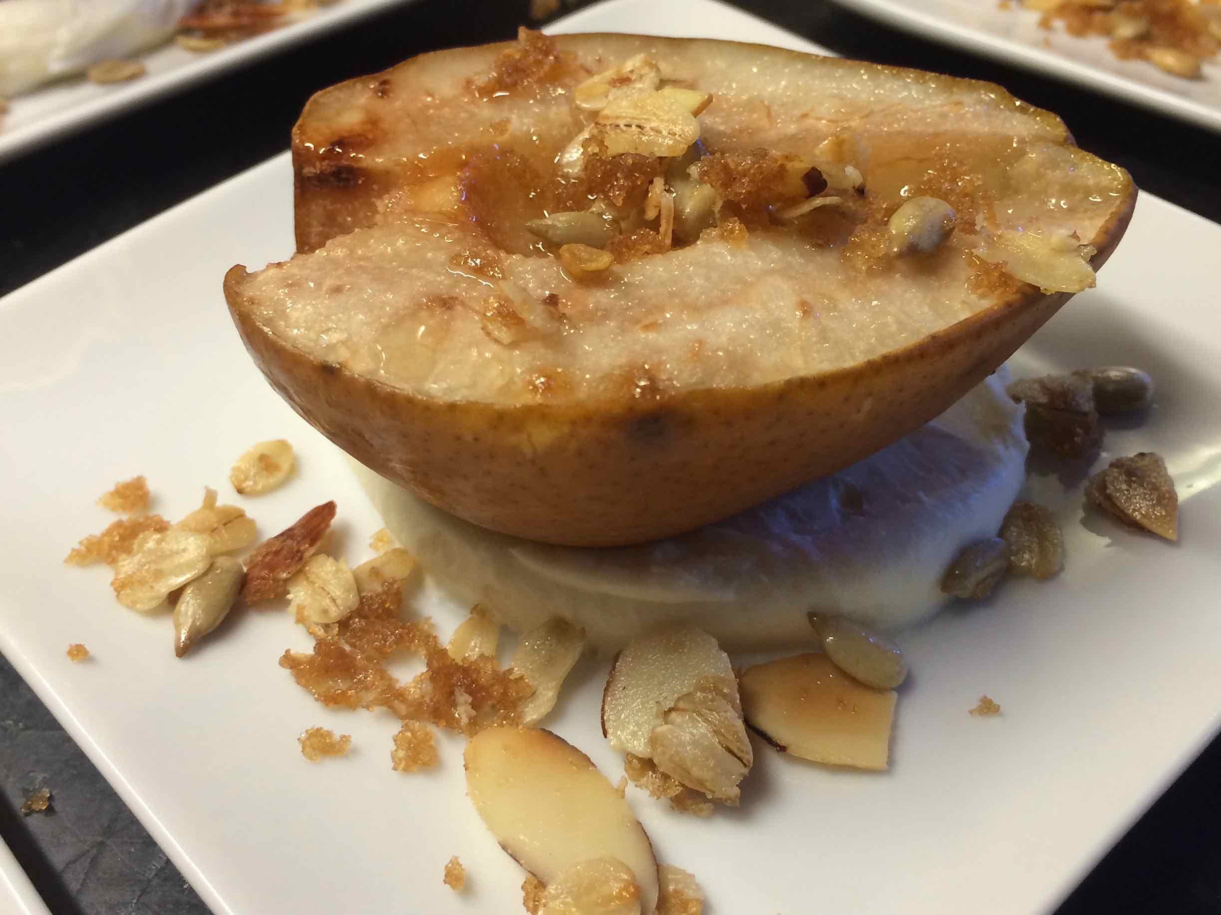 Breakfast at Coach Stop Inn – roasted pear crumble fruit course