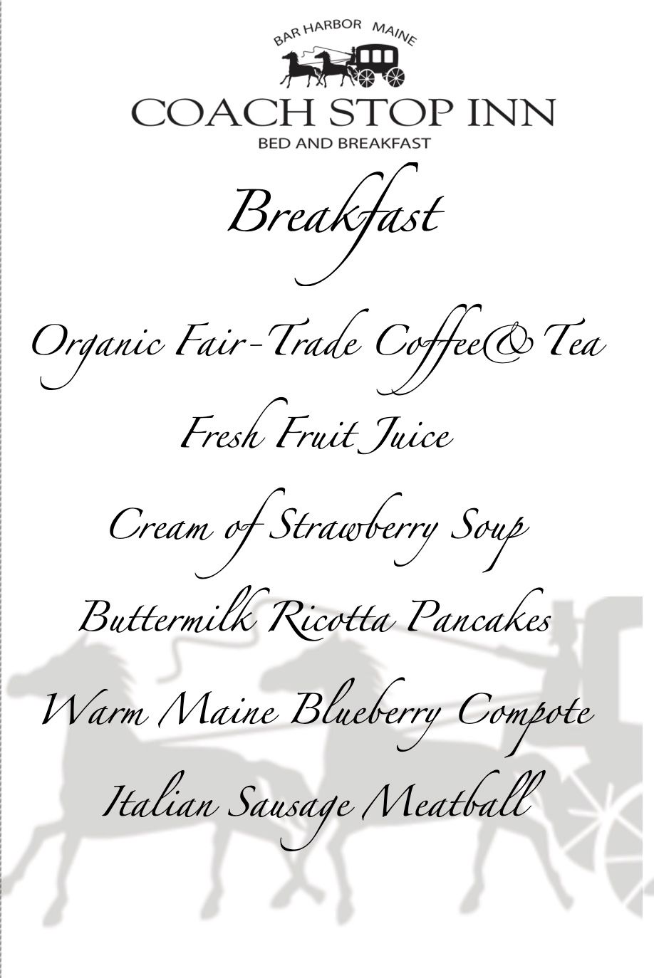 Breakfast menu at coach Stop Inn Bed and Breakfast