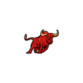 A red bull with horns is running on a white background.