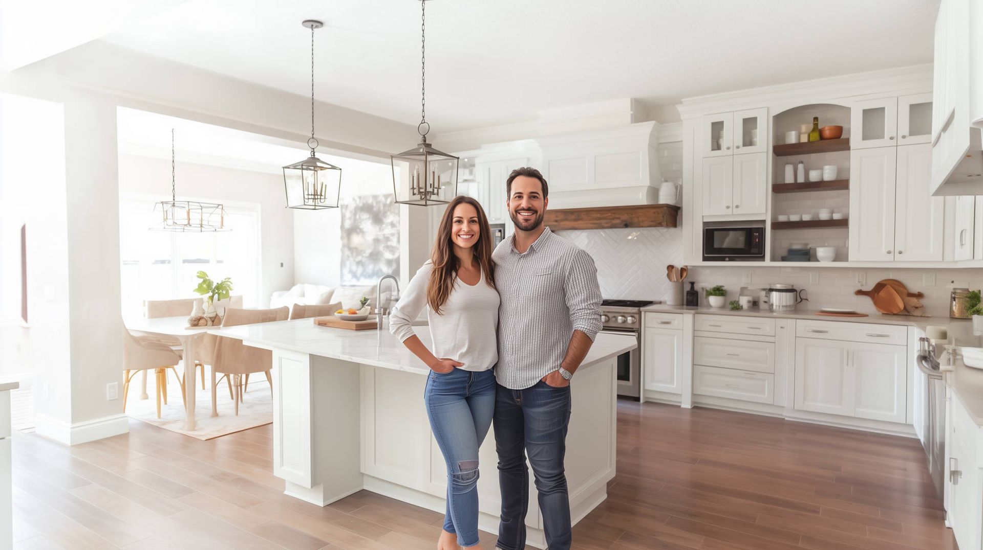 A man and a woman are standing in a kitchen in their new home. Prosper Home Remodeling