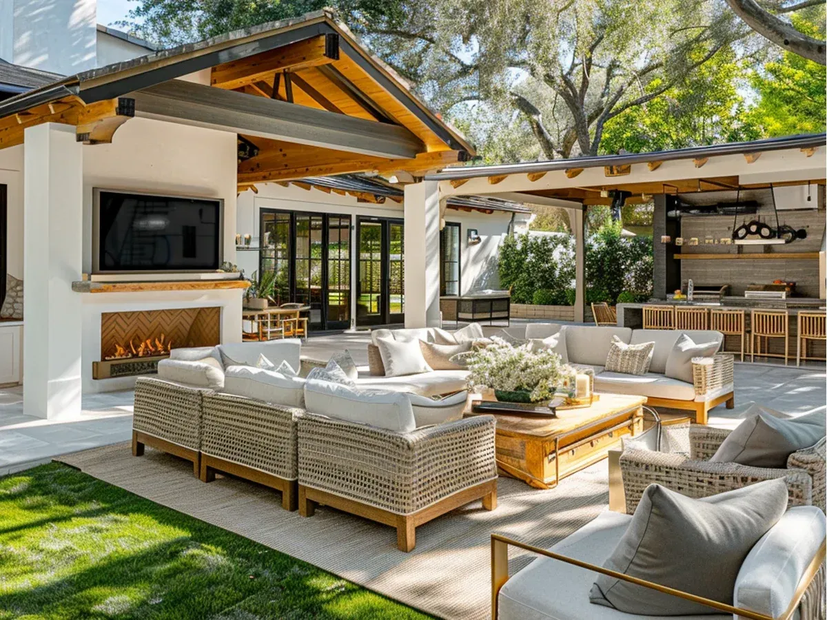A large patio with a lot of furniture and a fireplace.