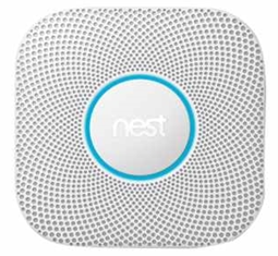 White Nest Protect smoke and carbon monoxide detector with blue ring and center.