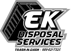 Logo for EK Disposal Services featuring a dumpster graphic and text 