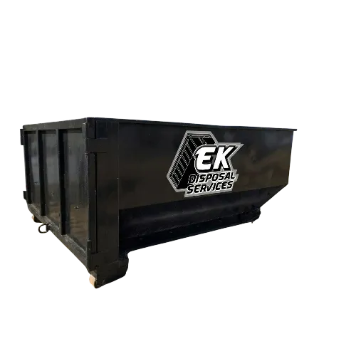 Black dumpster with EK Disposal Services logo.