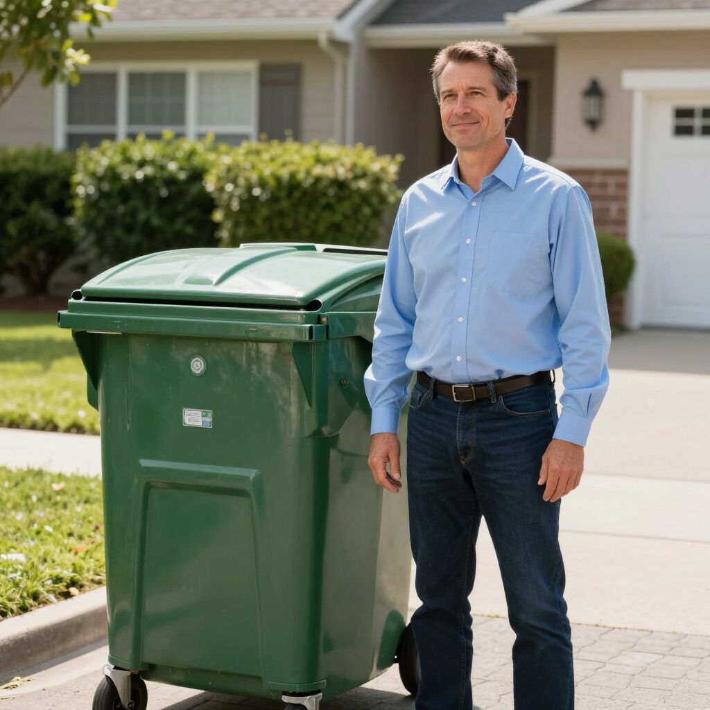 Man stands next to a green trash bin on a residential street.
