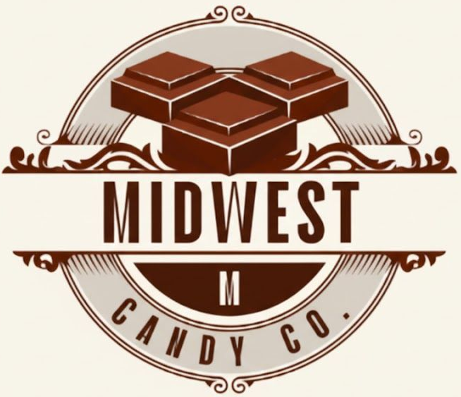 Midwest Candy Co. logo with chocolate blocks, brown text on a circular beige background.