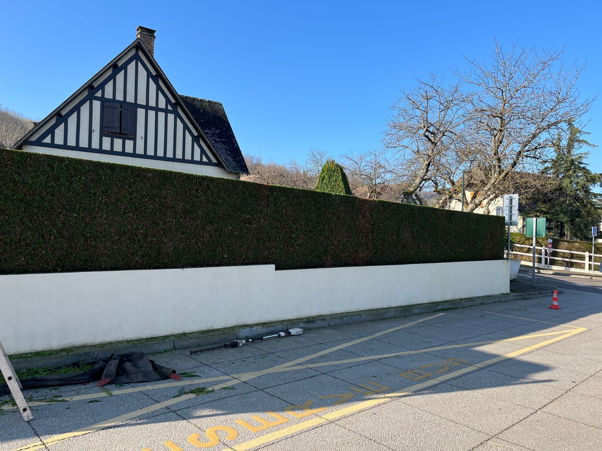 Une haie verte devant un mur blanc, avec un bâtiment en arrière-plan. Une échelle et des outils sont au sol.