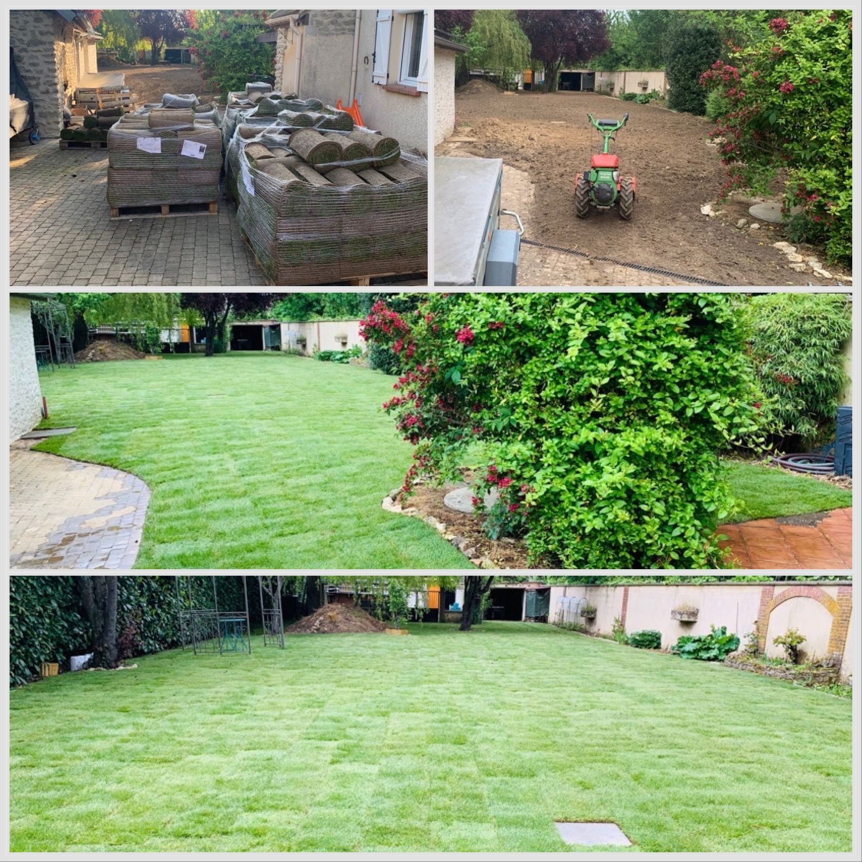 Photo en trois panneaux : briques/palettes, terre labourée et gazon vert fraîchement posé dans une cour arrière.