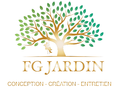Logo d'un arbre doré avec une balançoire et les mots « FG JARDIN » en bas.